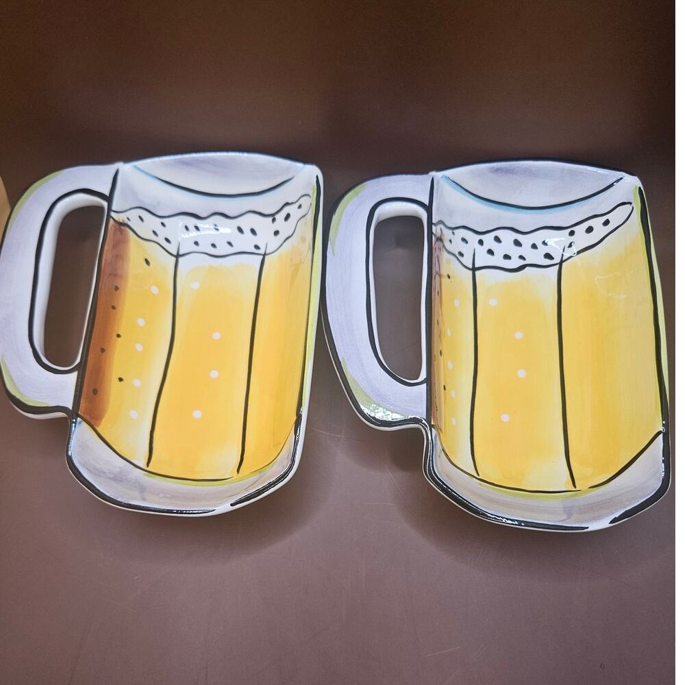 VTG 1980s Pair of Clay Art Beer Stein Ceramic Snack Plates 7.5x7x2 d66